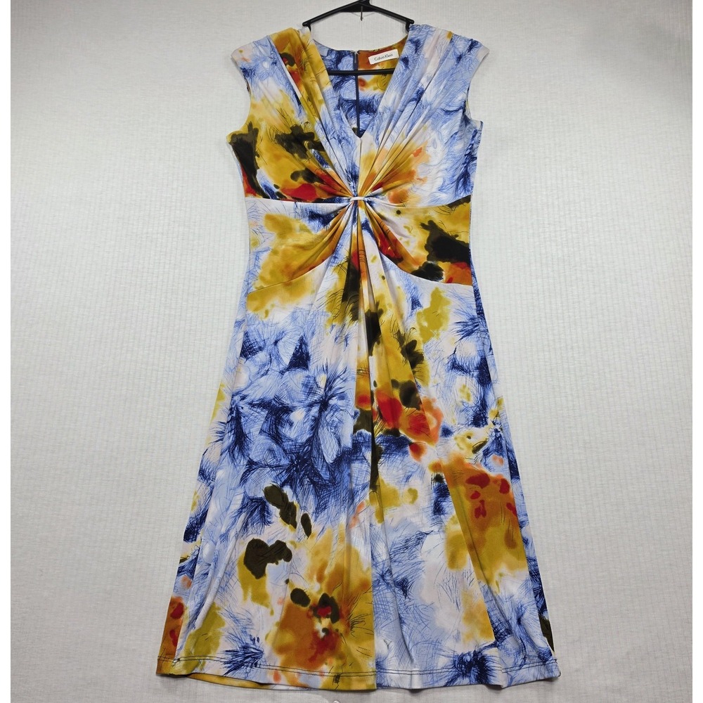 Calvin Klein Yellow Blue Floral Twist Front Sheath Dress Size 8 Y2K Resortwear